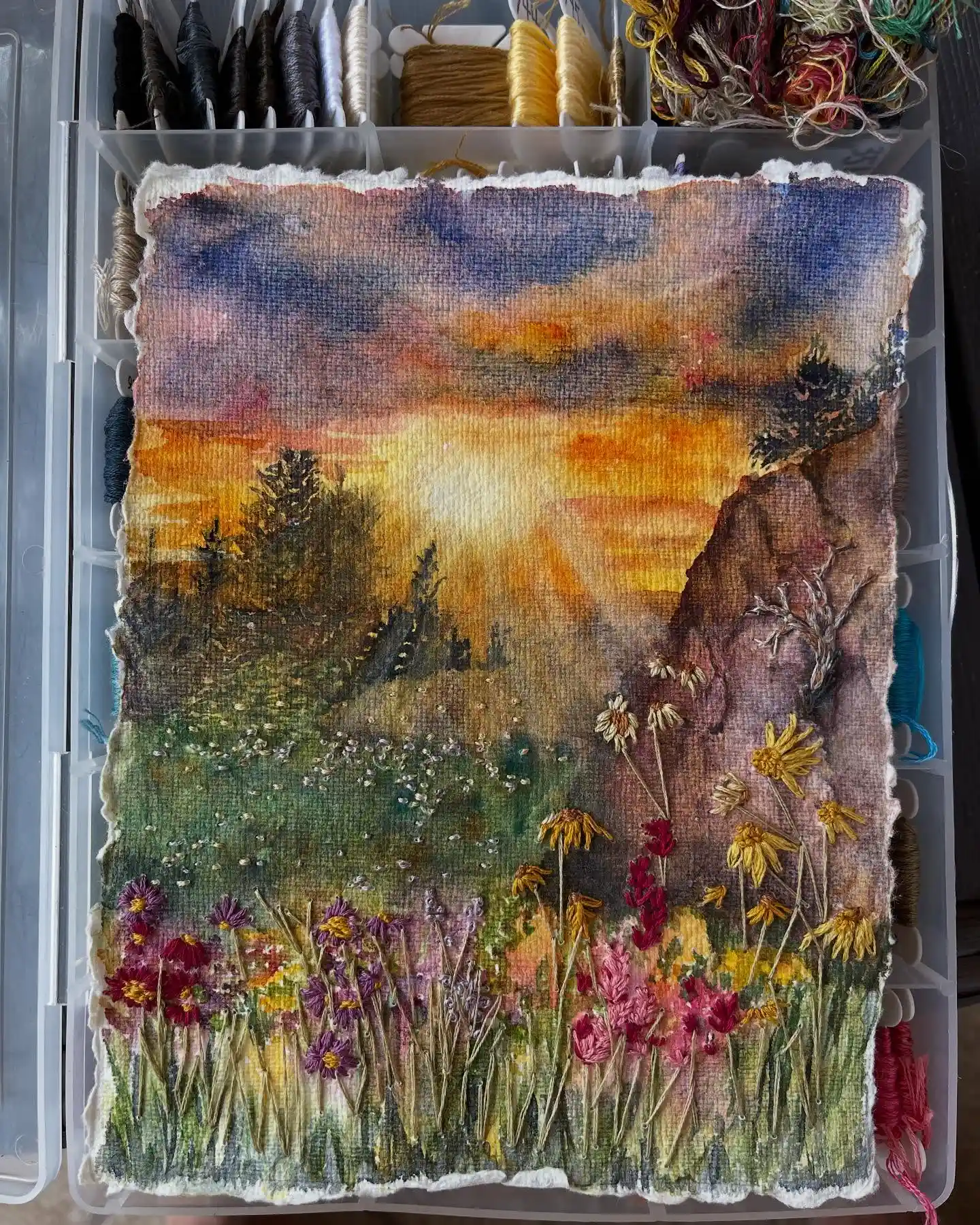 Textured Meadow Sunrise with Wildflowers Watercolor National Park