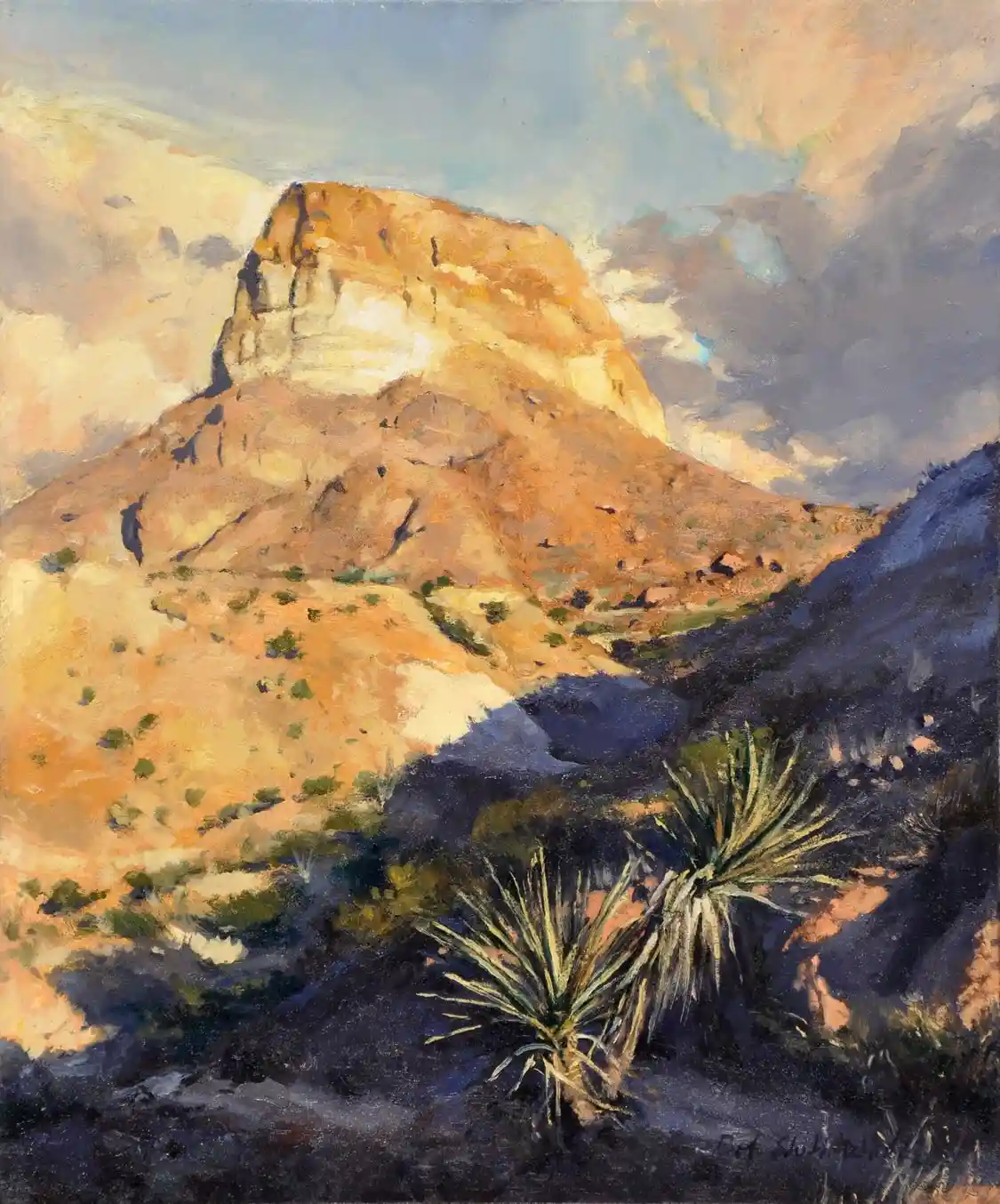 Desert Mountain Peak with Yucca Watercolor National Park