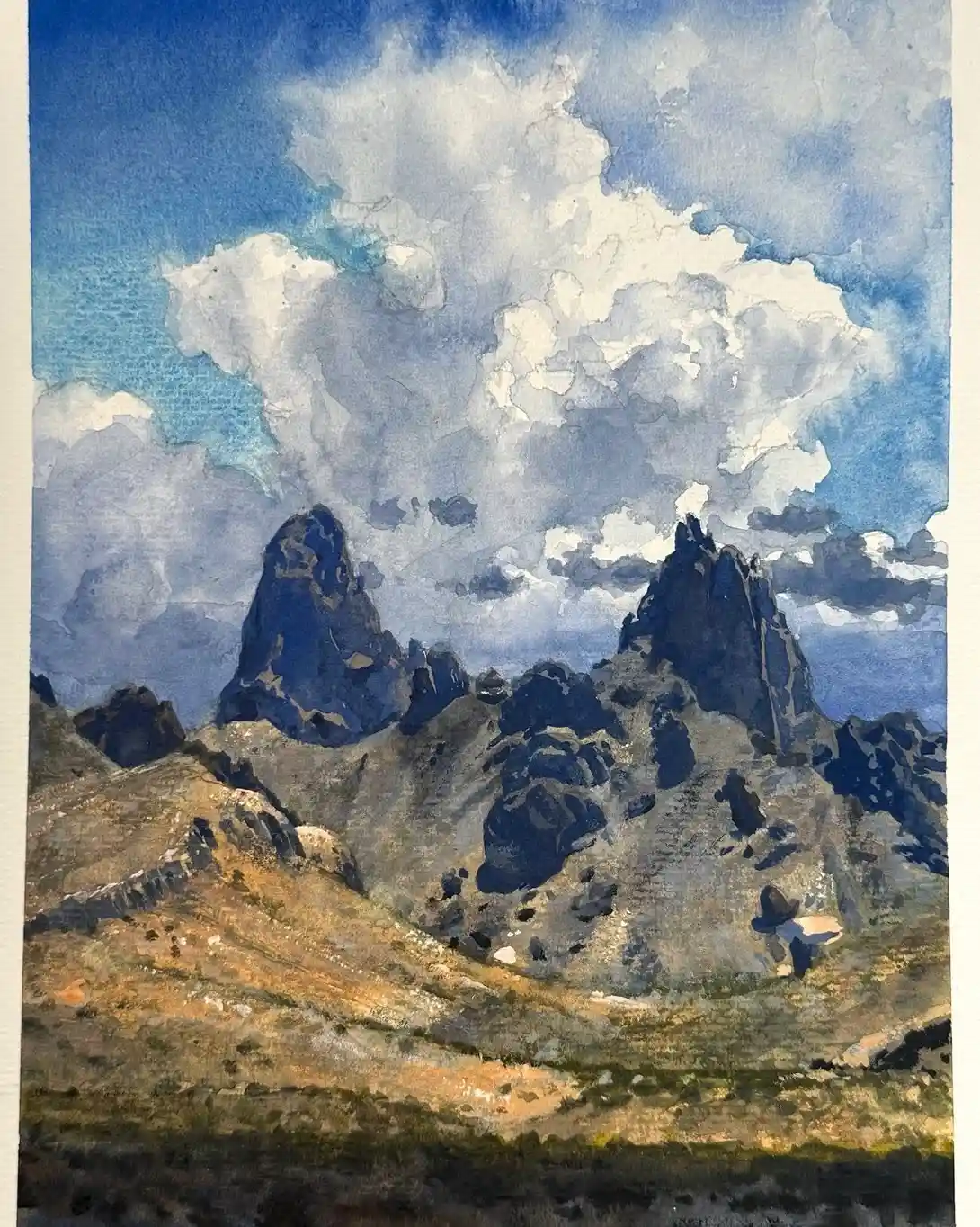 Grand Teton Peaks with Cumulus Cloud Watercolor National Park