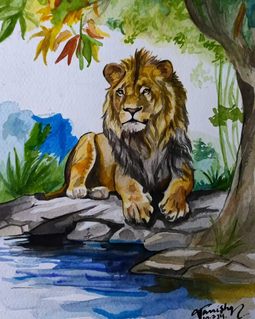 Reflective watercolor lion by the water's edge in earthy tones