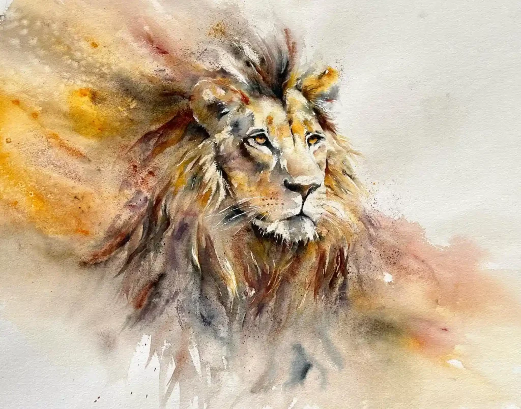 Ethereal watercolor lion emerging from a golden dream