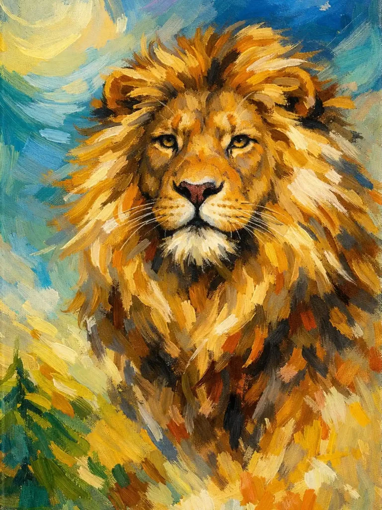 Vibrant watercolor lion with warm mane and cool blue-green background
