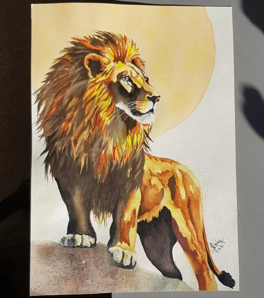 Watercolor lion portrait against a luminous golden orb