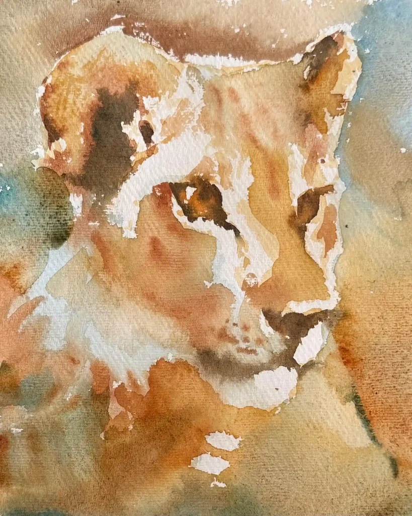 Subtle watercolor lion using unpainted paper for highlights