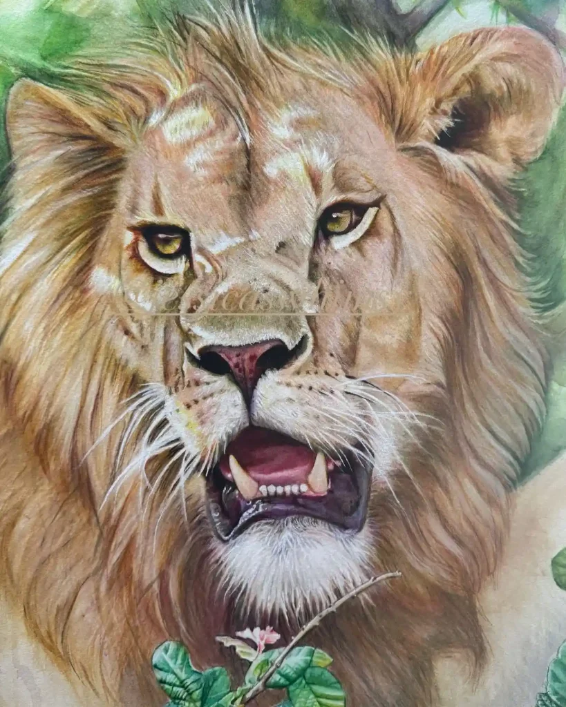 Majestic roaring watercolor lion with open mouth and green background