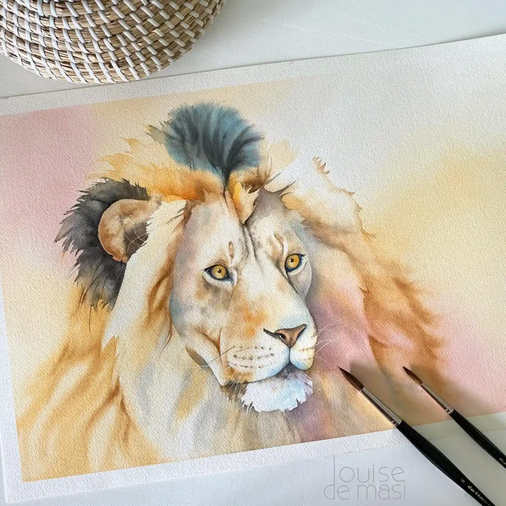 Serene watercolor lion with golden mane and piercing yellow eyes