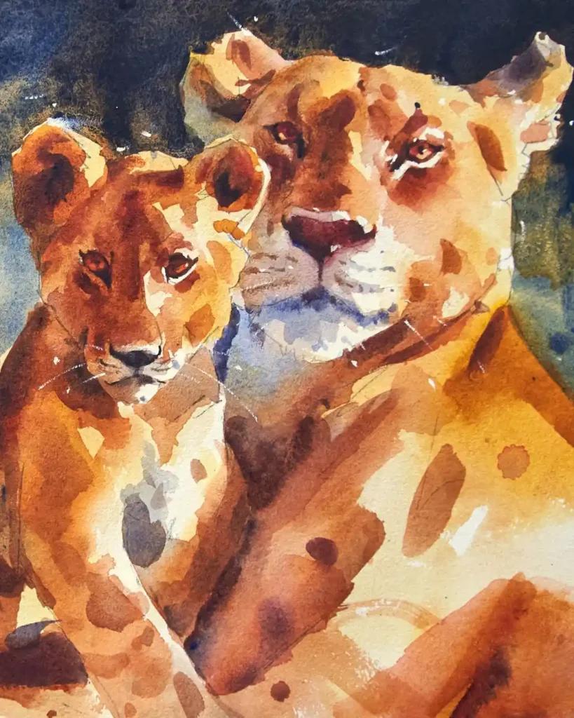 Tender watercolor of a lioness and her cub in warm earthy tones