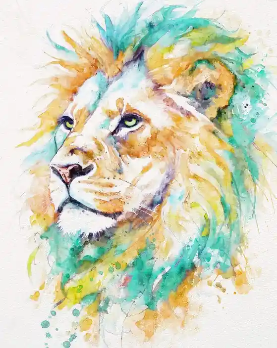 Vibrant watercolor lion with blue and orange mane and green eyes