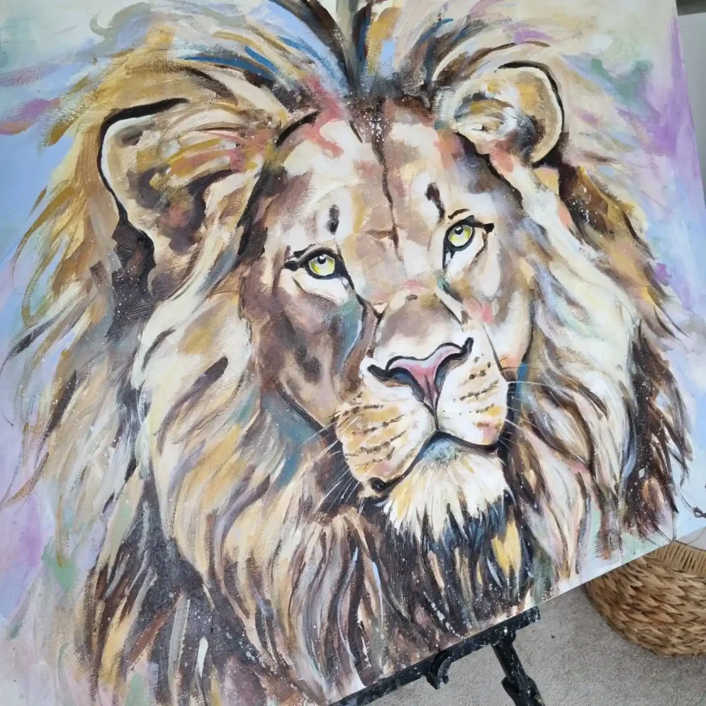 Watercolor lion with vibrant green eyes and purple-blue mane