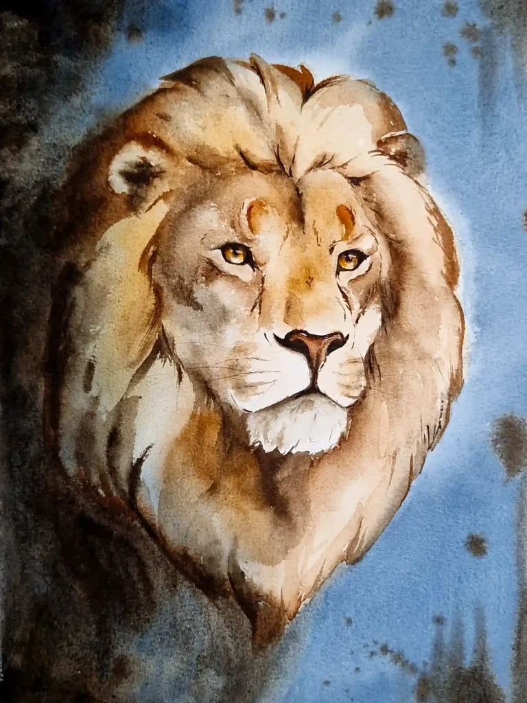 Regal watercolor lion gaze with warm mane against blue sky