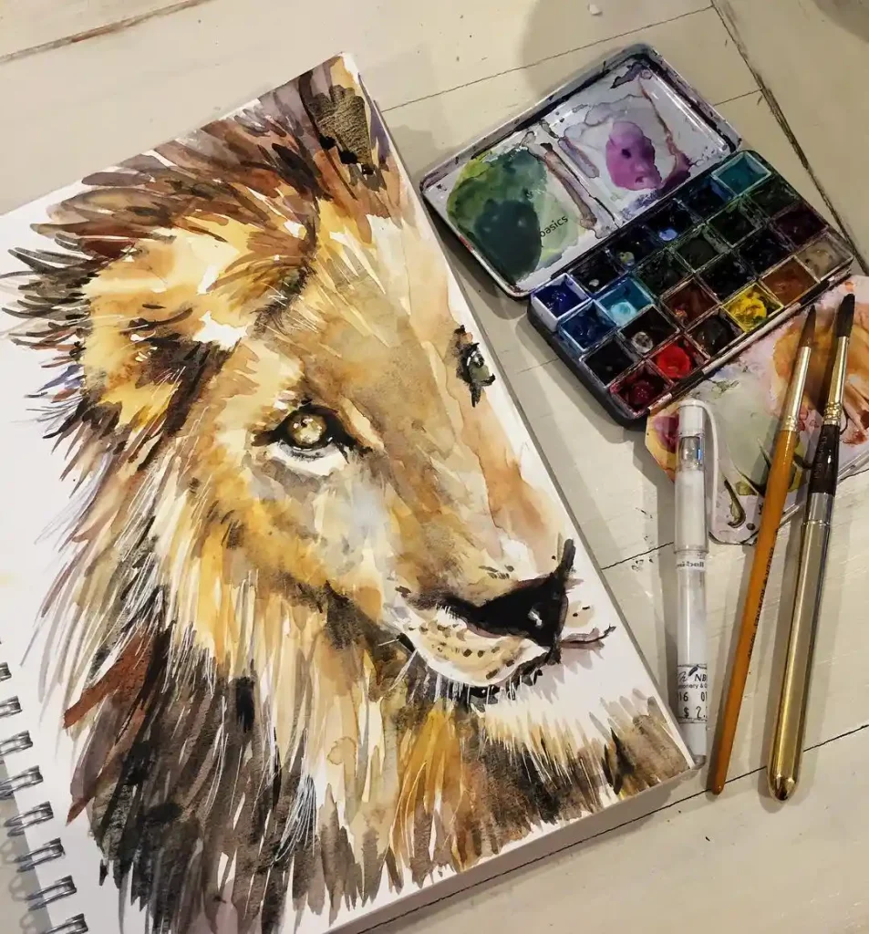 Majestic gaze watercolor lion with golden brown mane
