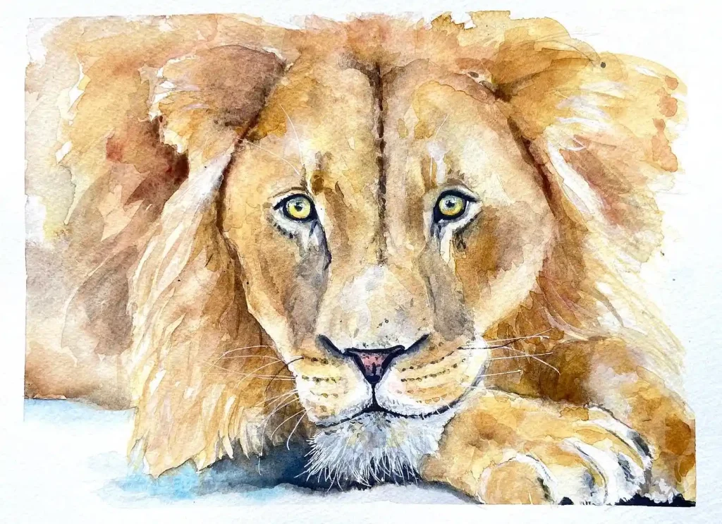 Calm watercolor lion with golden earthy mane and watchful eyes
