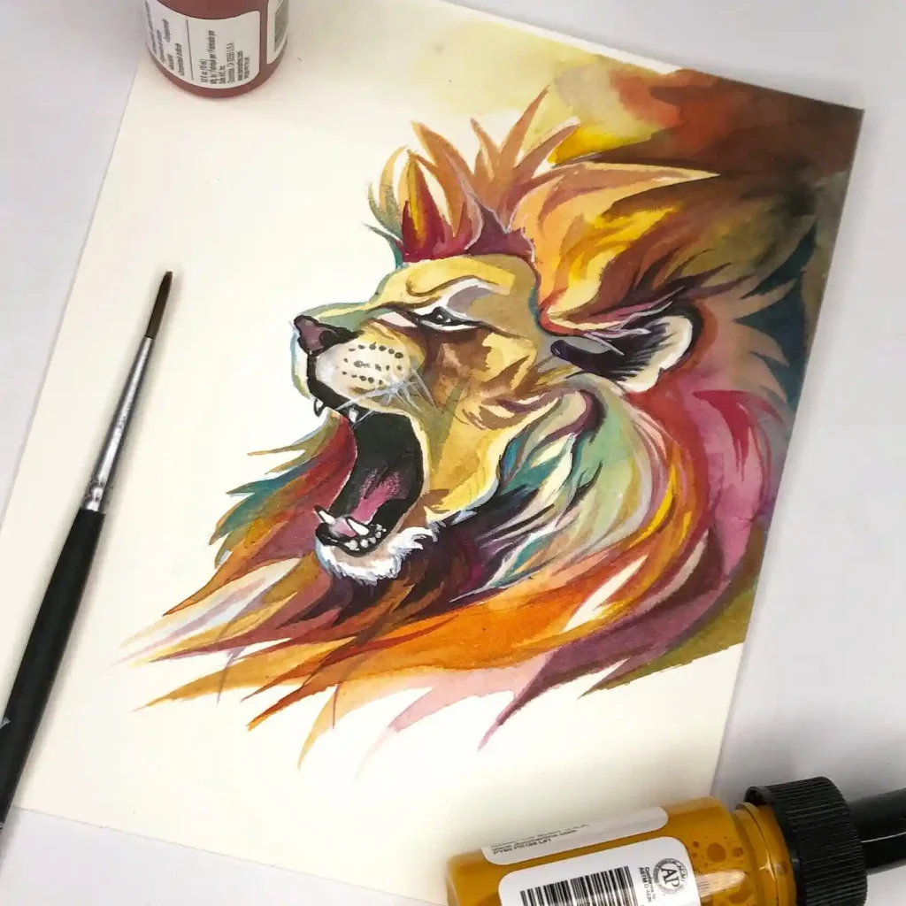 Vibrant roaring watercolor lion in orange, red and yellow hues