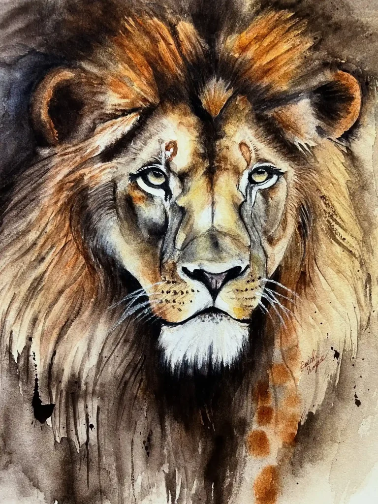 Watercolor lion portrait in warm ochre and sepia mane tones