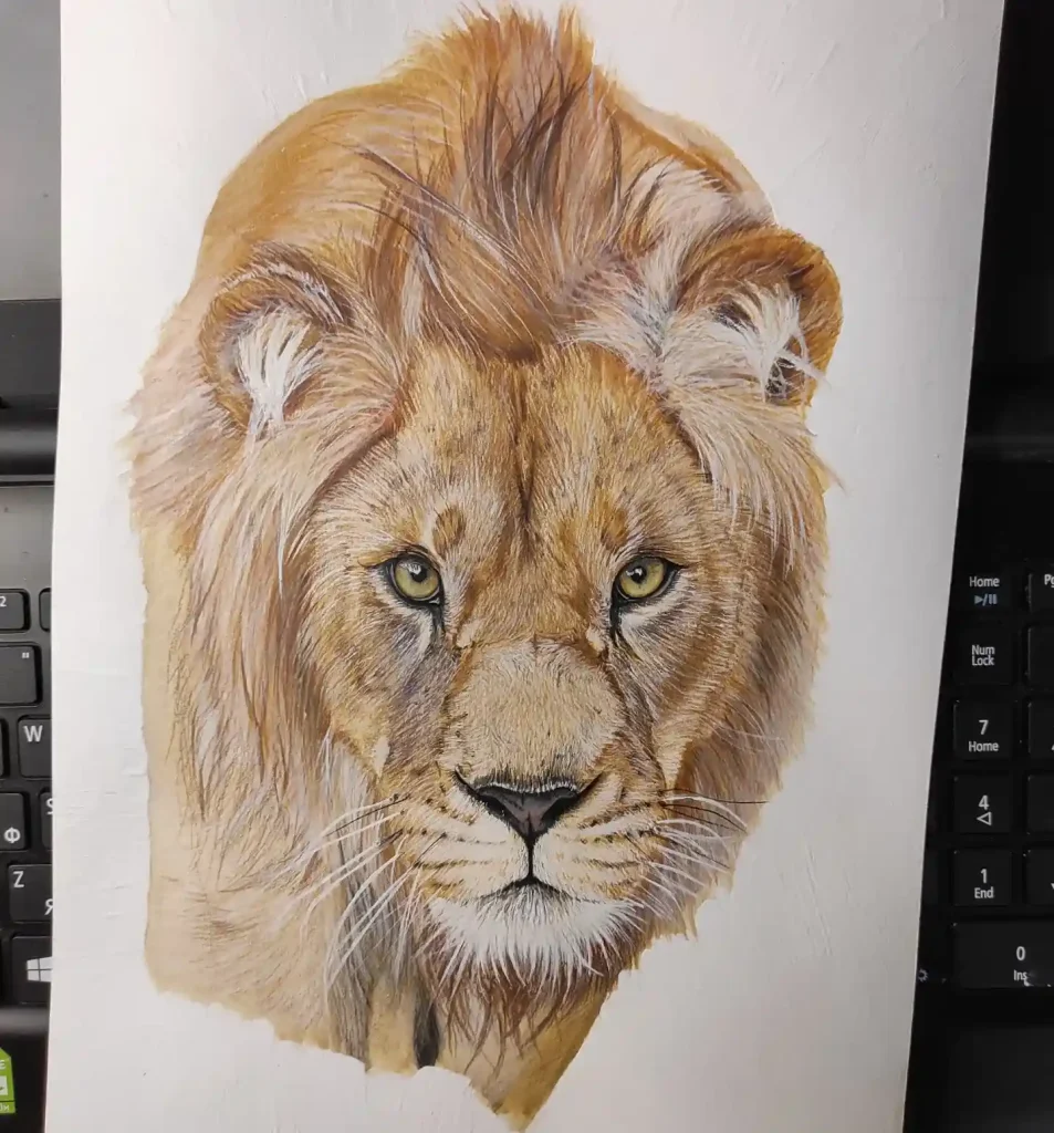 Watercolor lion study with intense gaze and earthy mane