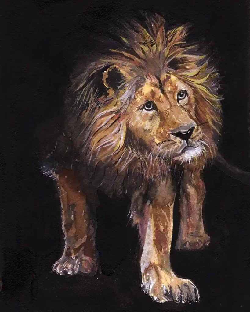 Regal watercolor lion emerging from a dark canvas background