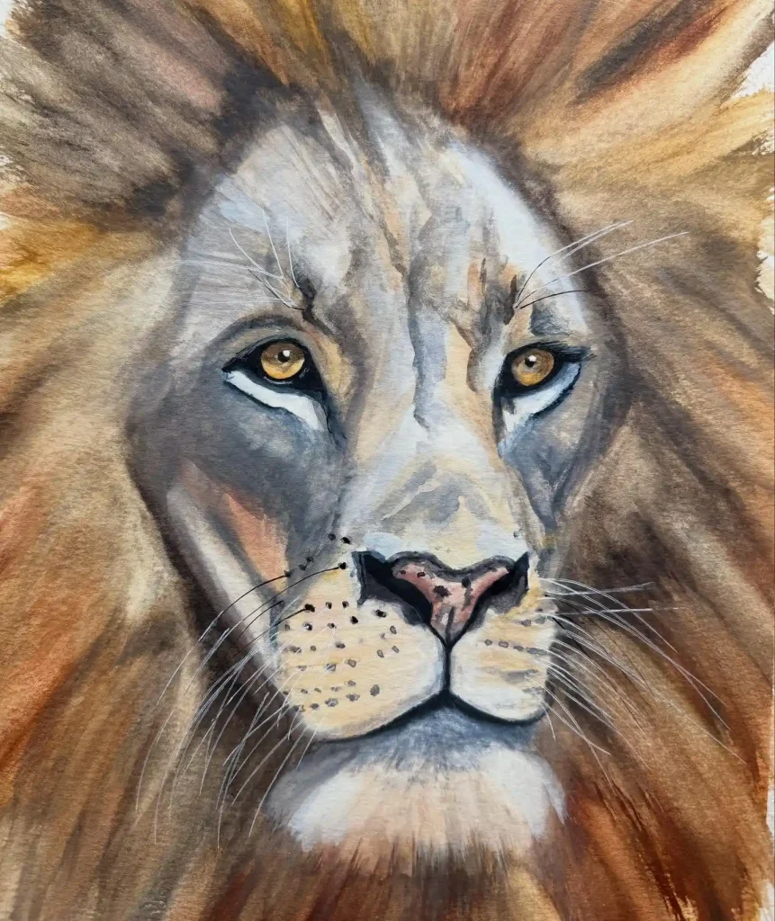 Stunning watercolor lion with earthy mane and piercing yellow eyes