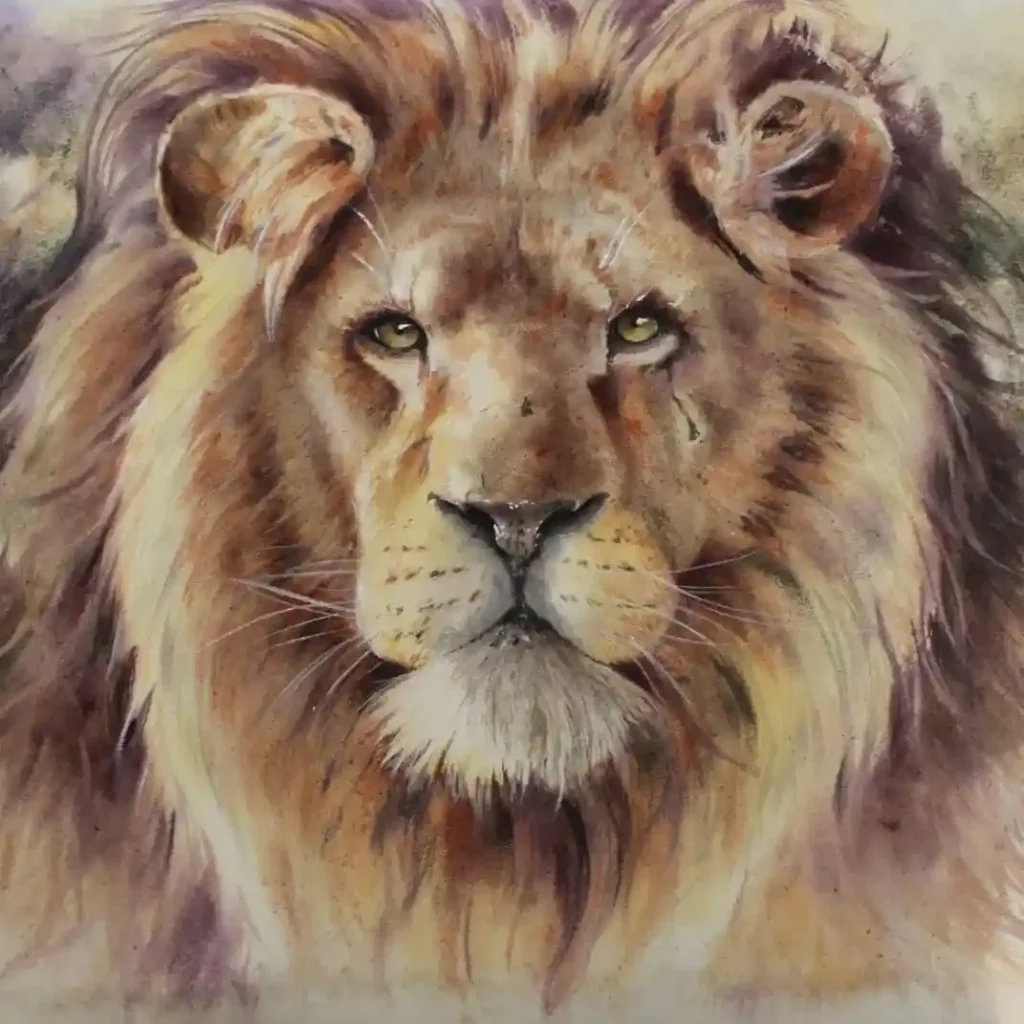 Thoughtful watercolor lion with golden-green eyes and ochre-purple mane