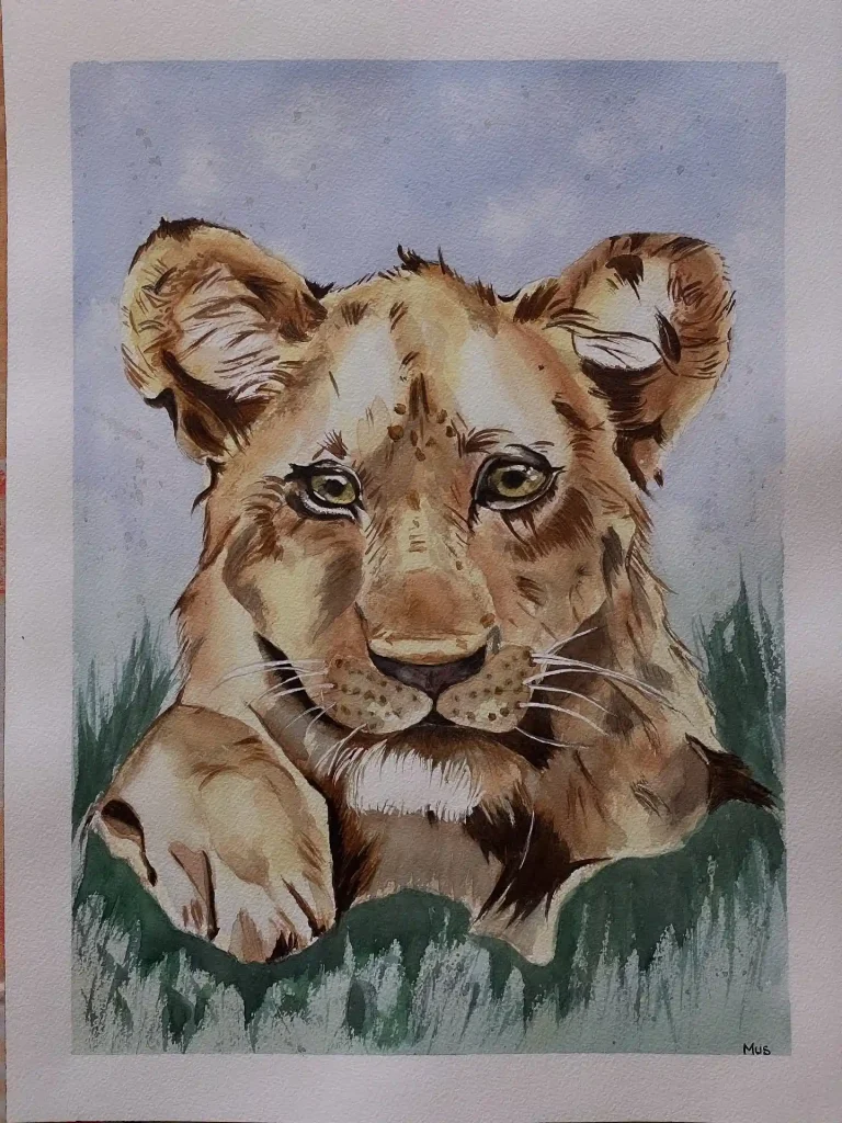 Observant watercolor lion cub portrait with warm fur and blue sky
