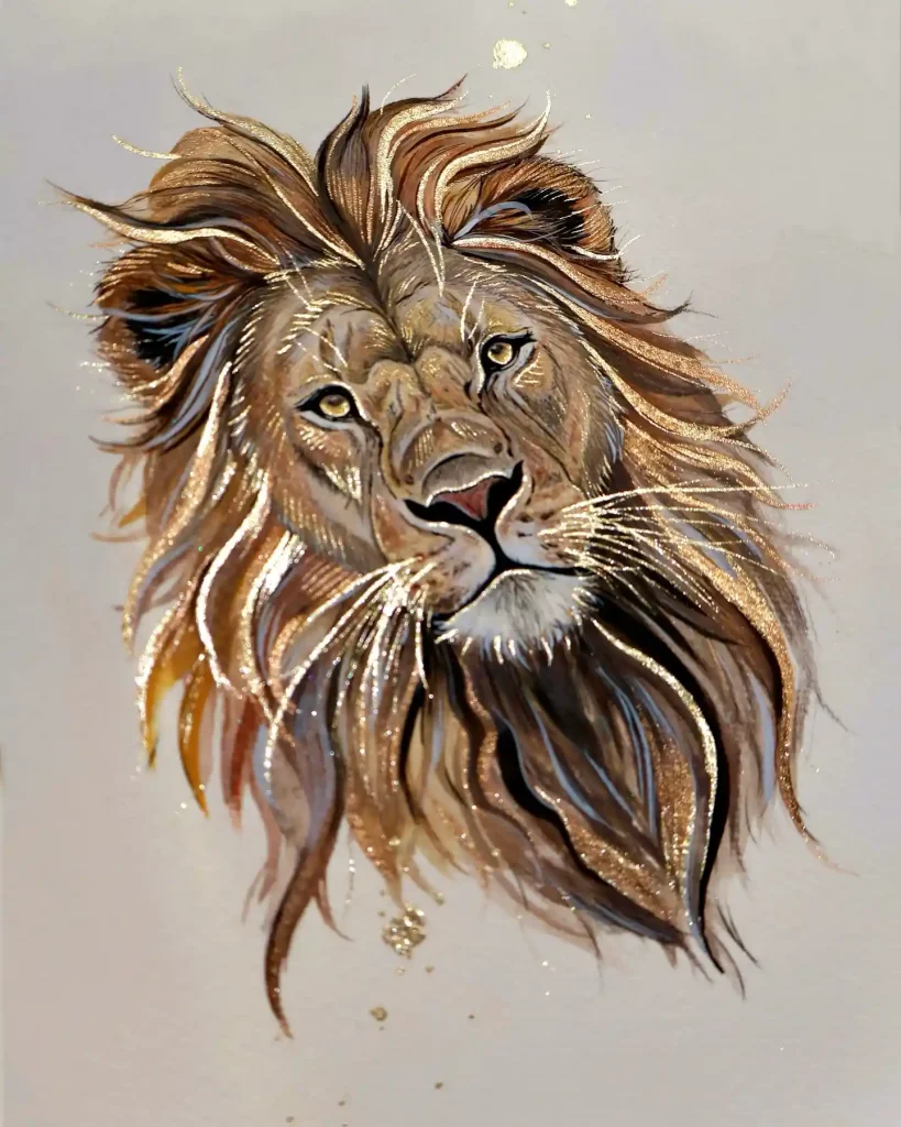 Shimmering watercolor lion with gold glitter mane and golden eyes
