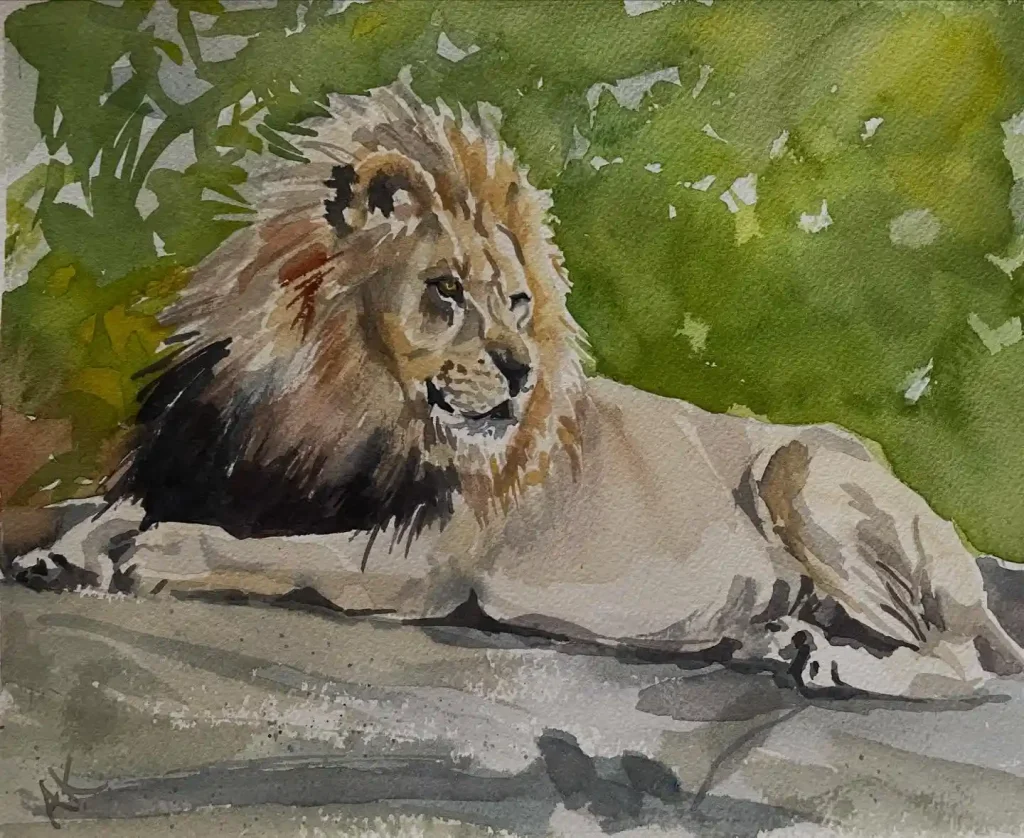 Regal watercolor lion resting against soft green foliage