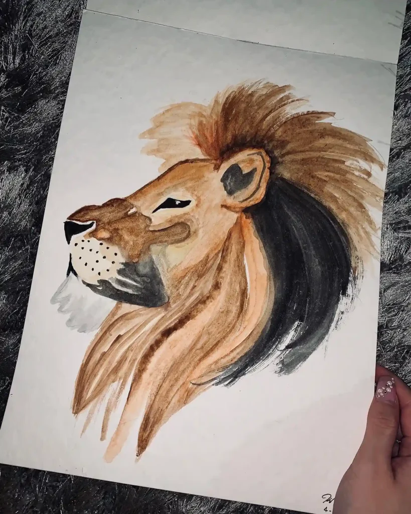 Regal gaze watercolor lion on cold-press paper in earthy browns