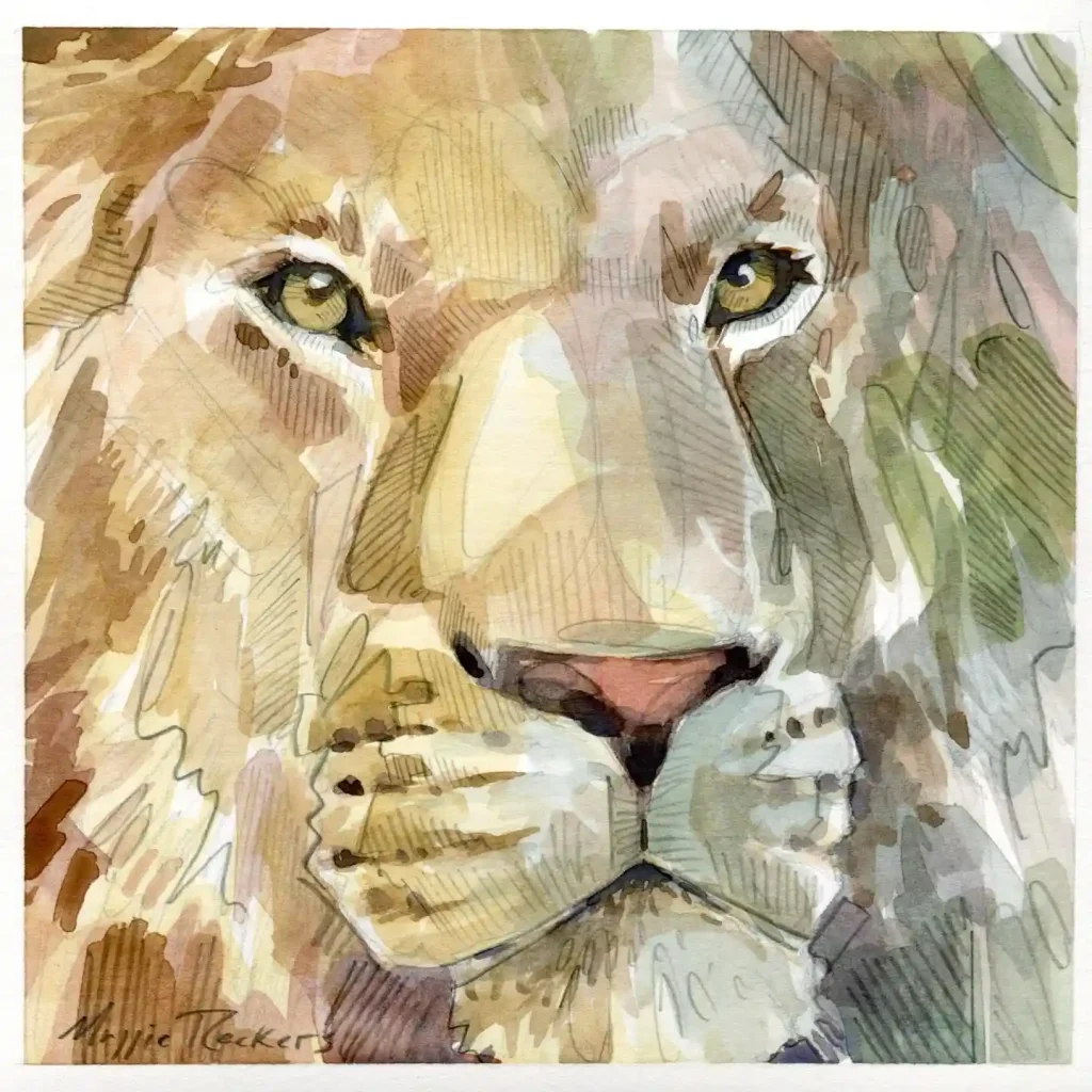 Soulful watercolor lion with deep golden eyes in loose washes