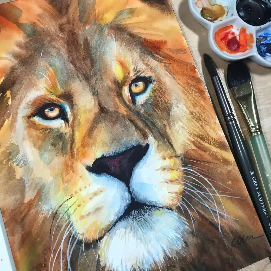 Vivid watercolor lion with fiery orange mane and golden eyes