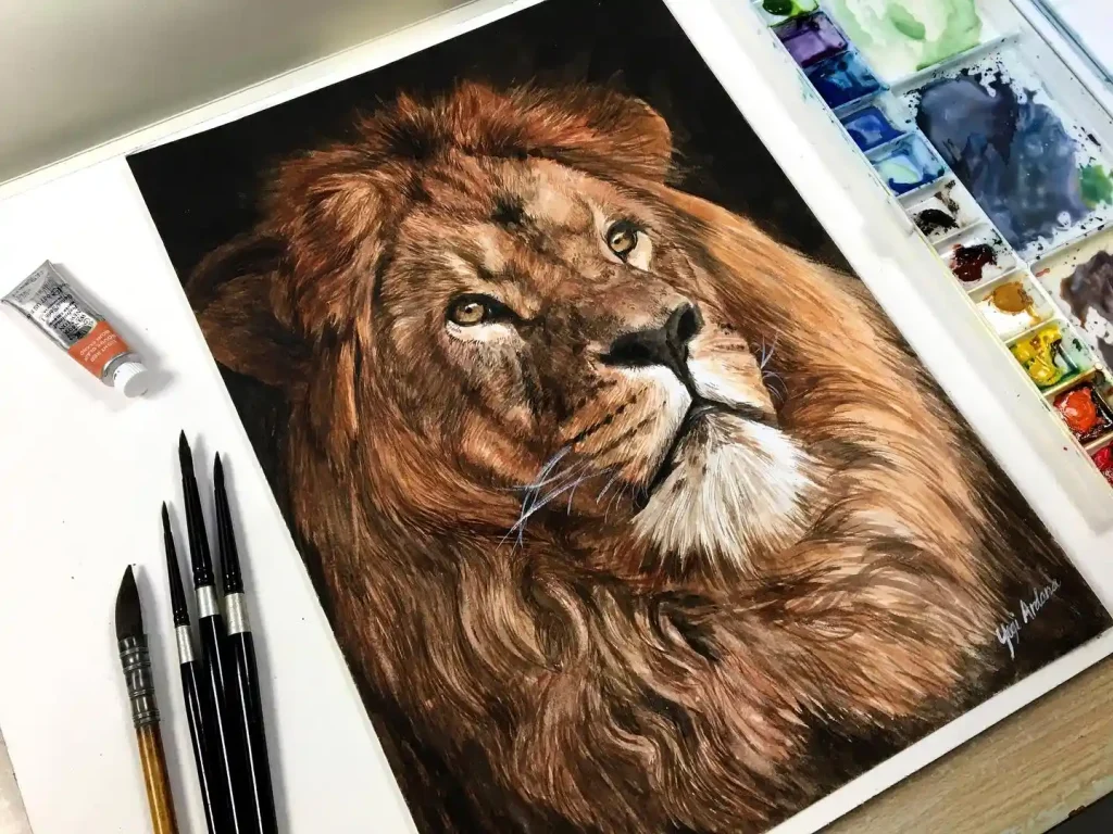 Majestic gaze watercolor lion with rich brown and orange mane