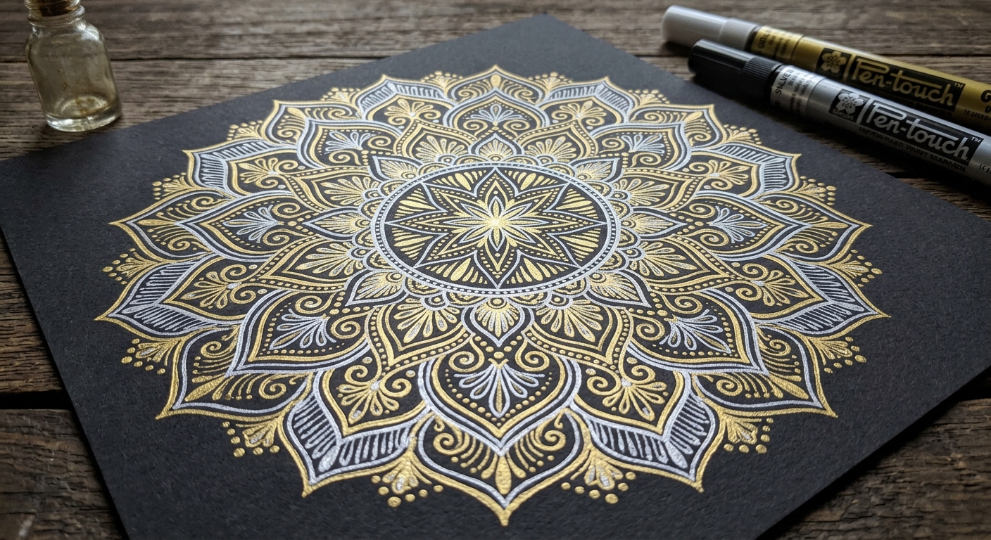 Metallic Gold and Silver Mandala on Black Paper
