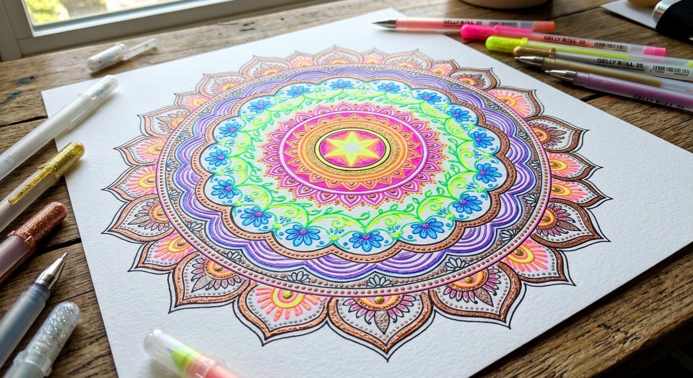 Vibrant Rainbow Gel Pen Mandala