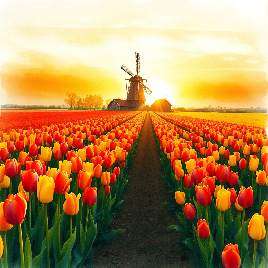 Golden Hour Watercolor Tulip Field in Dutch Landscape