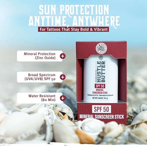 Portable SPF 50 stick applied over a healed colour tattoo before going outdoors