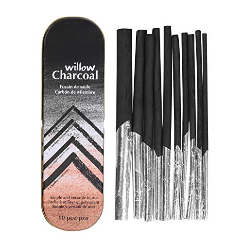 XGOPTS willow vine charcoal sticks, set of 10 in four diameters, in a tin box
