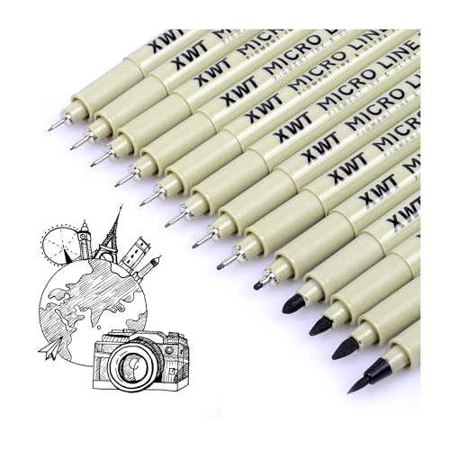 XWT fineliner drawing pen set with 13 nib sizes from 0.15mm to 3.0mm plus brush tip