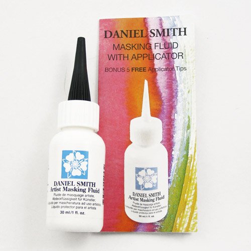 Fine-point applicator tip drawing masking fluid lines to preserve white paper