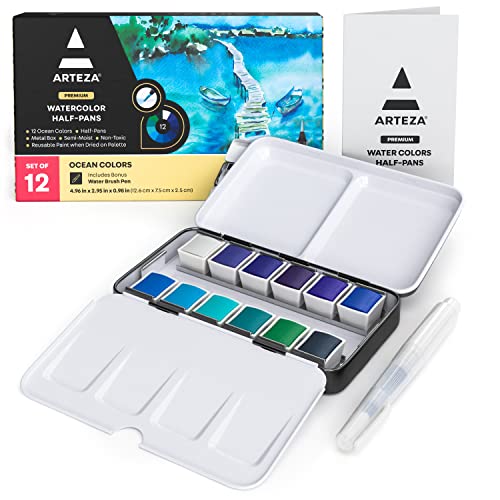 ARTEZA Ocean Tones watercolor set, 12 half pans of blues teals and greens in a travel tin