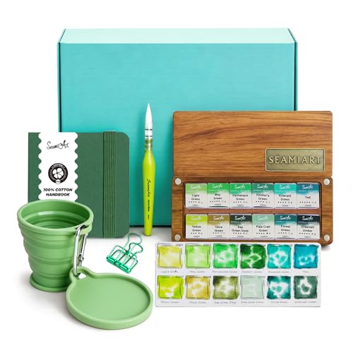SEAMIART botanical green watercolor set, 12 pans in a walnut travel palette