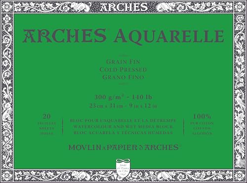 Arches 140 lb cold press watercolor paper block, 9 by 12 inches, 100% cotton