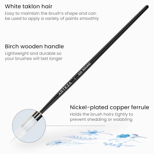Close-up of fine liner and round brush tips used for painting eyelashes and iris detail