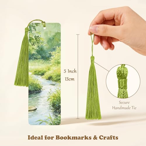 Silky tassel attached through the punched hole of a hand-painted watercolor bookmark