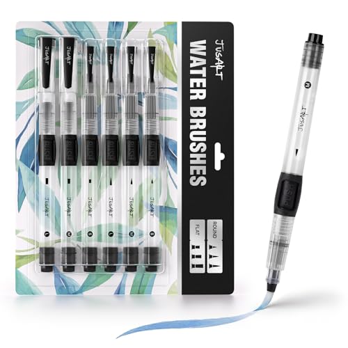 JusArt refillable water brush pens, 6 pack with pointed and flat tips in three sizes