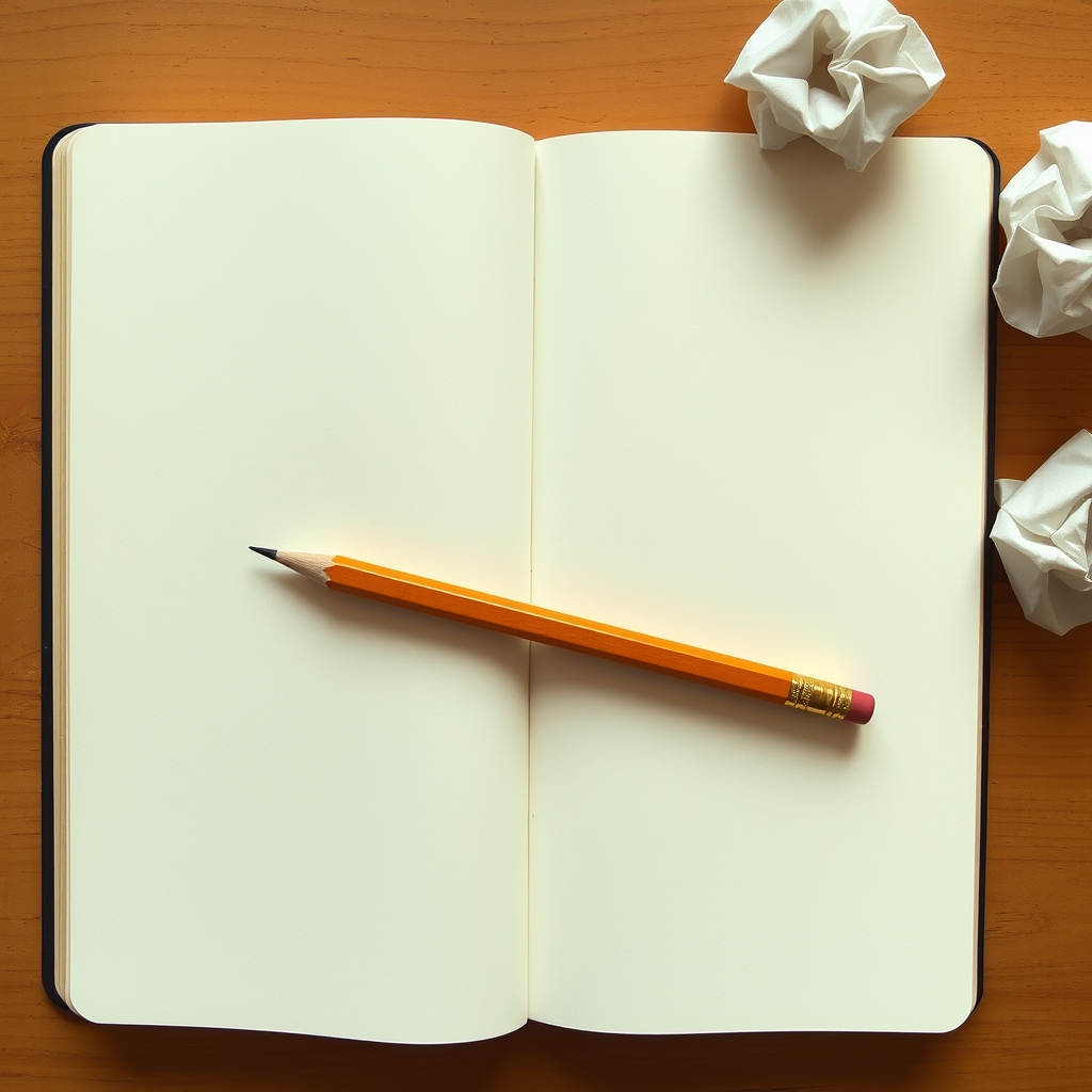 A nearly blank sketchbook page with several faint abandoned pencil starts and crumpled paper nearby