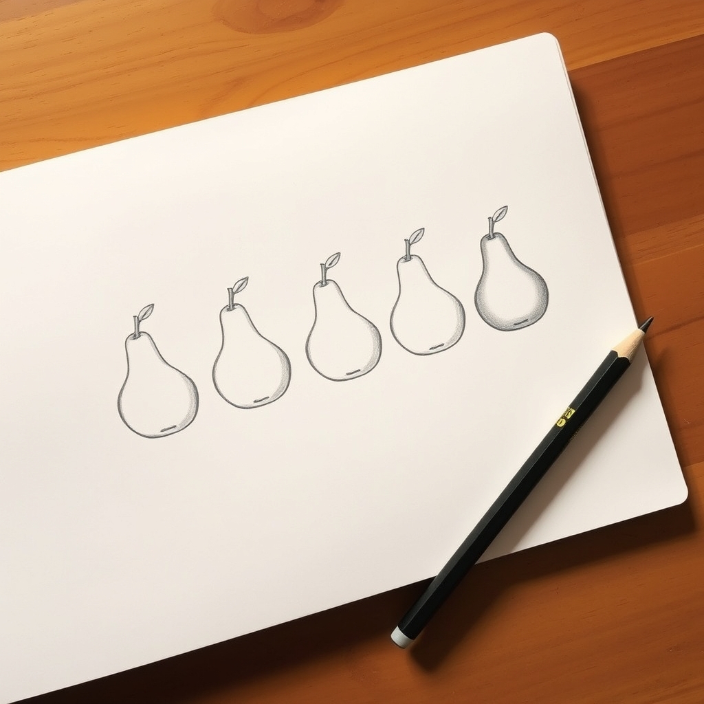 The same pear drawn five times across a page, each attempt more confident than the last