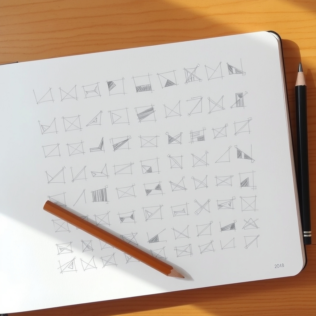 A sketchbook page filled with a grid of about twenty tiny loose pencil thumbnail sketches