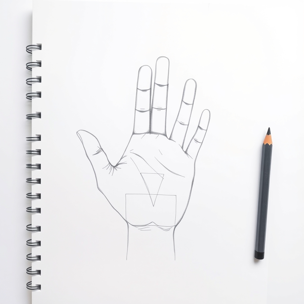 Second stage of the same hand drawing: four tapering finger shapes hung from the knuckle arc, the little finger shortest, with a thumb mass added low on the palm near the wrist