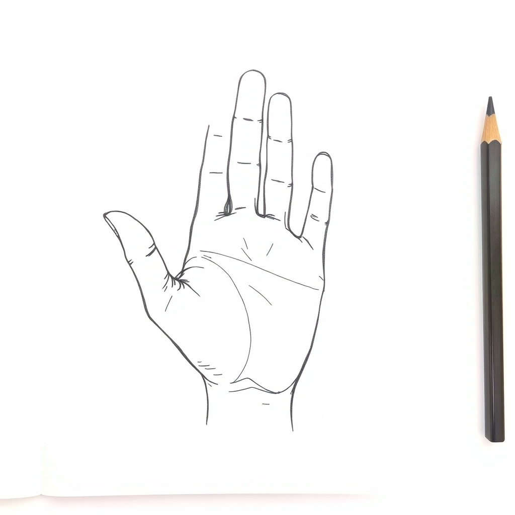 Third stage of the same hand drawing: the construction shapes tightened into one confident graphite outline of an open palm, thumb angled out to the side, faint scaffolding still visible