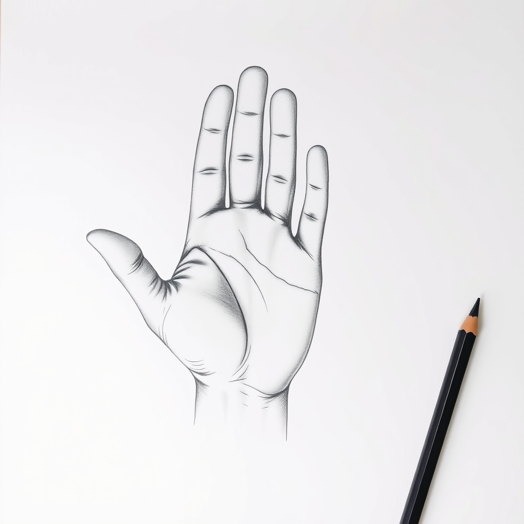 Finished graphite hand drawing with a soft cupped shadow across the center of the palm, darker gaps between the fingers and lighter knuckles catching the light