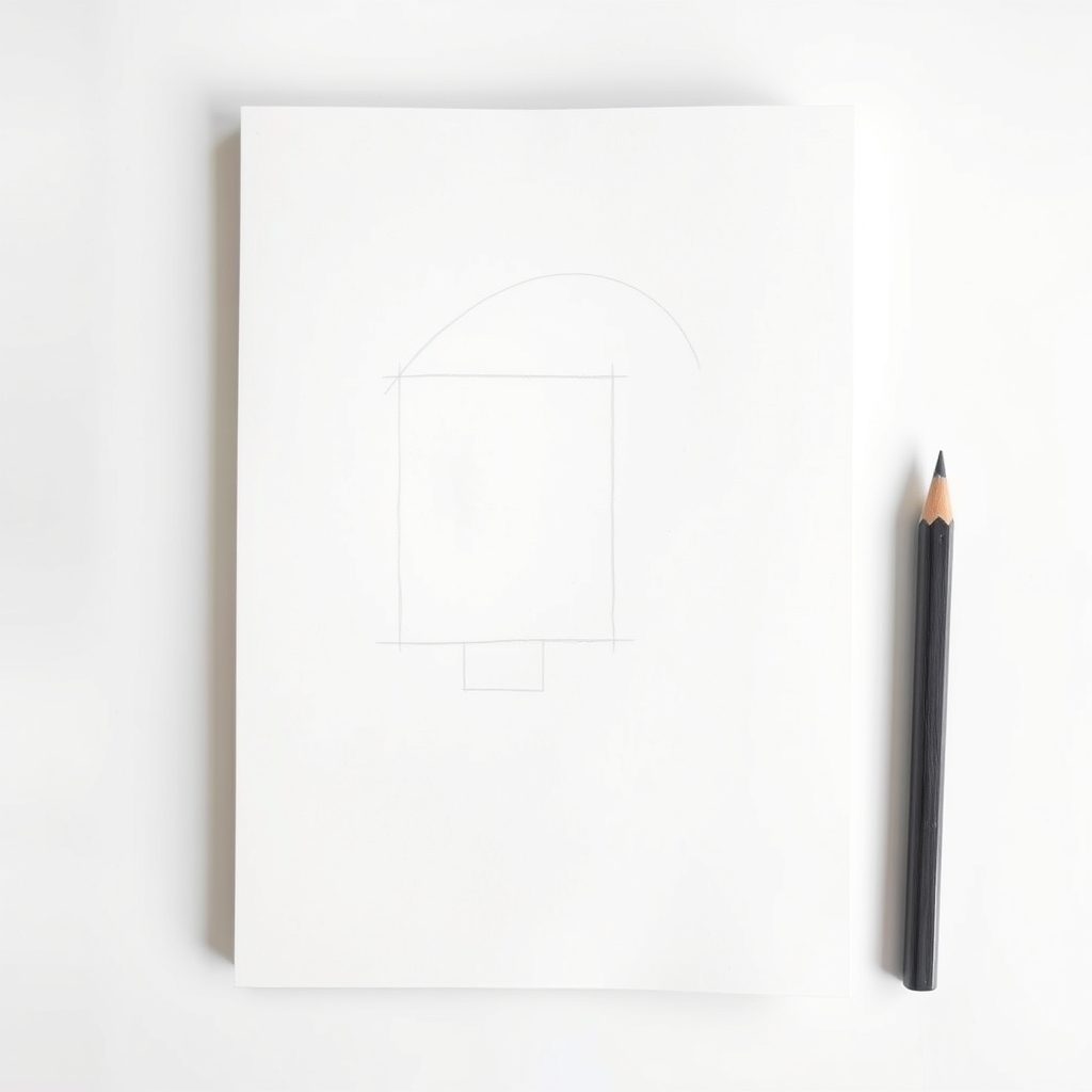 First stage of a hand drawing: a light pencil palm box with a narrow wrist rectangle joined below it and a curved knuckle arc drawn across the top edge