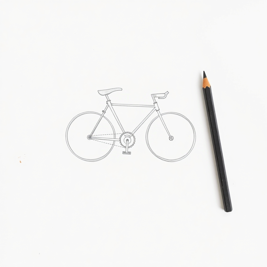 Pencil drawing of a bicycle attempted from memory, with a frame that does not connect properly and no front fork joining the handlebars to the wheel